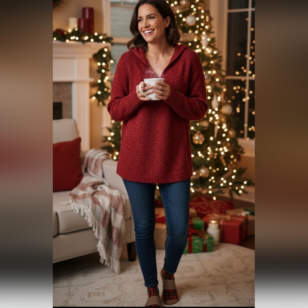 Lane Bryant Plus Y2K  22/24 Festive Red Flecked Hooded V-Neck Sweater - Cozy
